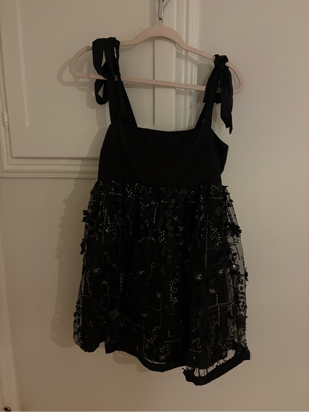 Black Babydoll Dress Mesh Sequin Detail - Picture 2 of 4
